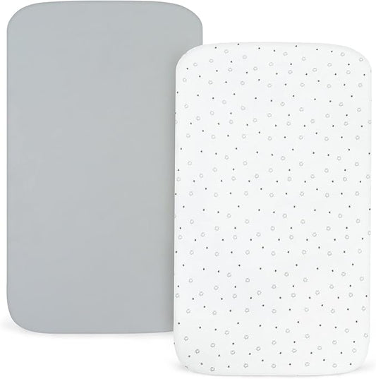 Mini Crib Sheets Fitted 38" x 24"- Compatible with Dream On Me, Babyletto, Davinci & Delta Mini Crib Mattress Pad, Stretchy Soft Mini Crib Sheets Neutral for Baby Boy Girl, Grey & White Star - 2 Pack