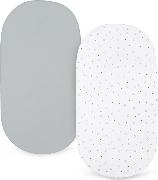Bassinet Sheets Fit for Simmons Kids City, Ingenuity Dream&Grow, Dream On Me Karley (Plus), Baby Delight Beside Me, Safety 1st, ANGELBLISS 3 in 1 Rocking Bassinet, Ultra Soft, Grey & White Star
