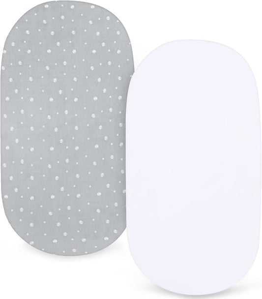Bassinet Sheets 2 Pack, Fit for SNOO Smart Sleeper, UPPAbaby Bassinet, Chicco LullaGo Anywhere Bassinet and Moses Basket, Baby Boy/Girl, Ultra Soft & Super Stretchy, White & Grey Ball,13" x 30"