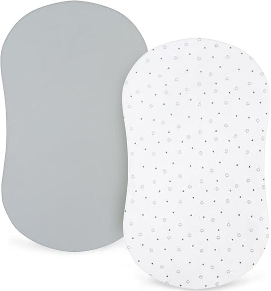 Bassinet Sheets 2 Pack 18" x 30" - Fit for Halo BassiNest Swivel, Glide, Flex Sleeper, 4moms Mamaroo Sleep Bassinet, Baby Boy/Girl, Ultra Soft & Super Stretchy, Grey & White Star