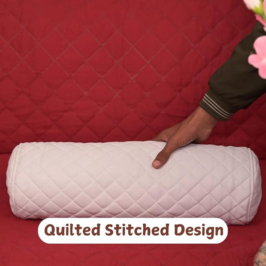 Neck Roll Pillow Cushion Cover, 22x5 Inch Full Moon Round Bolster Pillow Case, Cylinder Soft Lambskin Leather Pillowcase for Head, Spine & Neck Support During Sleep - Quilted White Pack of 1