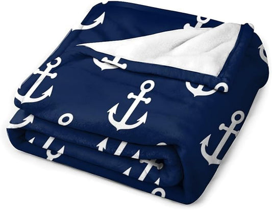 Anchor Blanket Vintage Rustic Ocean Nautical Style Navy Blue White Soft Cozy Lightweight Throw Blanket for Kids Girls Boys Women Men Bedroom Living Room Dorm Chair Sofa Travel 70x80in