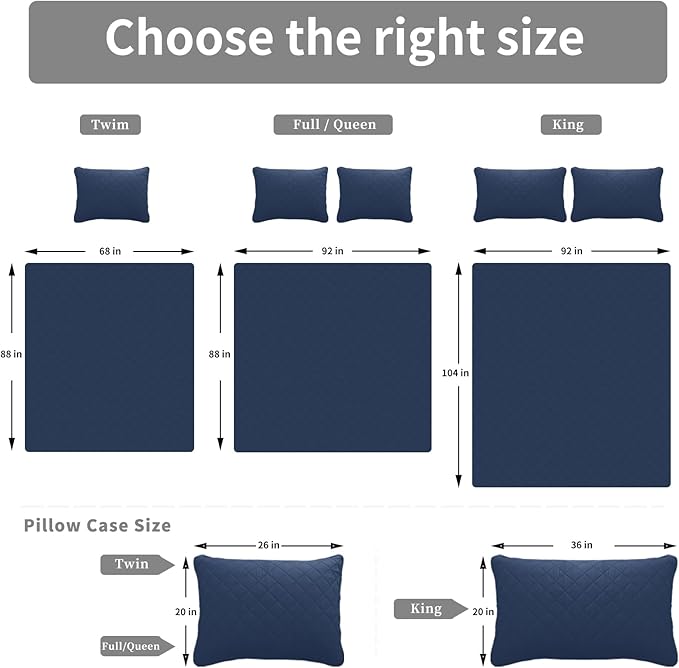 Easy-Going Queen Plus Size Reversible Quilt Set with 1 Quilt and 2 Pillow Shams, Soft Bed Quilt Cover, Water Resistant Lightweight Microfiber Bedspread, Stain Resistant, Dark Blue/Light Blue