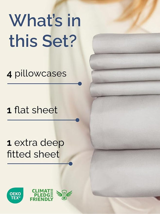 Extra Deep Queen Sheet Set - 6 Piece Breathable and Cooling Sheets - Hotel Luxury Bed Sheets Set - Easy Fit - Soft, Wrinkle Free and Comfy Sheets Set - French Grey Sheet Set with Extra Deep Pockets