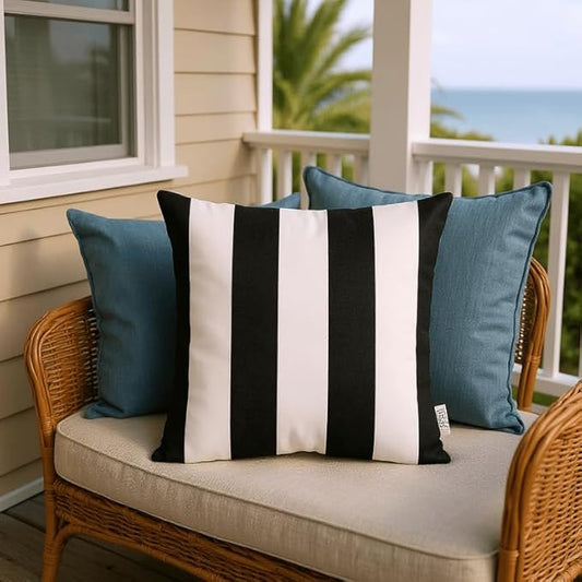 RSH DECOR: Square Throw Pillows Set of 2 | 17” x 17” | All-Weather Spun Fabric | Water and Fade-Resistant | Outdoor Accent Pillows for Patio Furniture | Black & White Stripe