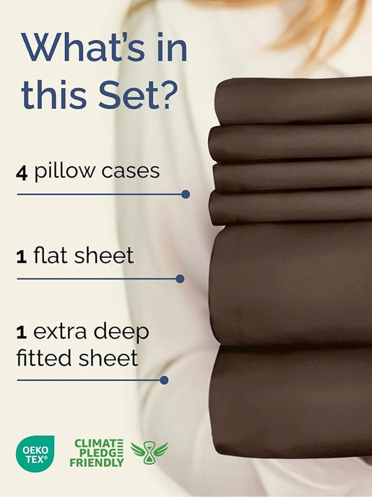 Extra Deep King Sheet Set - 6 Piece Breathable and Cooling Sheets - Hotel Luxury Bed Sheets Set - Easy & Secure Fit - Soft, Wrinkle Free and Comfy Sheets Set - Brown Sheet Set with Extra Deep Pockets