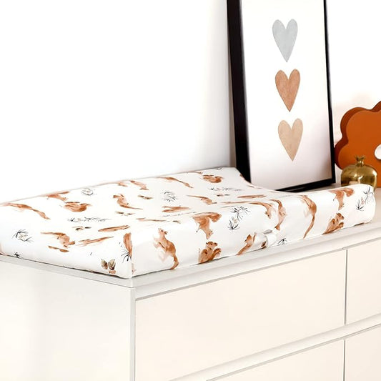 GRSSDER Stretch Ultra Soft Jersey Knit Changing Pad Cover Set 2 Pack, Change Table Pad Covers Fit 32"/34" x 16" Pads Safe and Snug, Pretty Pattern for Boys and Girls, Cute Jungle Squirrels and Animals
