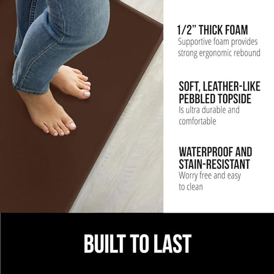 GORILLA GRIP 2 Pack Comfortable Cushioned Kitchen Mats for Floor, 17x29 + 17x59, Waterproof and Stain Resistant, 1/2 Inch Thick Soft Ergonomic Standing Desk Anti Fatigue Mat, Foam Supports Feet, Brown