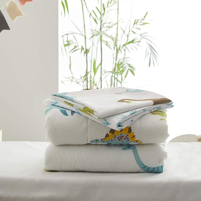 4 Pieces Toddler Bedding Set Dinosaur White with Colorful Dinos and Monsters Toddler Comforter Sheet Set for Autumu and Winter Includes Comforter, Flat Sheet, Fitted Sheet and Pillowcase