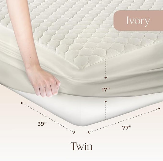 100% Cotton Organic Mattress Protector - Breathable & Cooling Mattress Protector Queen Size - Premium 300GSM Quilted and Noiseless Machine Washable Organic Cotton Mattress Protector (Ivory, Twin)