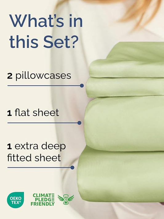 Extra Deep Twin Sheet Set - 4 Piece Breathable & Cooling Sheets - Hotel Luxury Bed Sheets Set - Easy & Secure Fit - Soft, Wrinkle Free & Comfy Sheets Set - Light Sage Sheet Set with Extra Deep Pockets