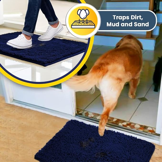 Muddy Mat® AS-SEEN-ON-TV Highly Absorbent Microfiber Dog Door Mat and Pet Rug, Non Slip Thick Washable Area and Bath Mat Soft Chenille for Kitchen Bathroom Bedroom and Indoor- Navy Blue Runner 24"X60"