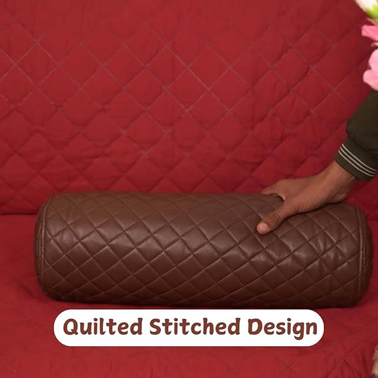 Neck Roll Pillow Cushion Cover, 20x6 Inch Full Moon Round Bolster Pillow Case, Cylinder Soft Lambskin Leather Pillowcase for Head, Spine & Neck Support During Sleep - Quilted Chocolate Brown Pack of 1