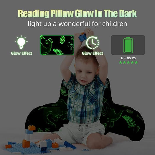 Meeting Story Glow in The Dark Green Dinosaur Luminous Reading Pillows Sparkling with Arms Back Pillow for Bed, Bed Rest Pillow for Adults Teens, Kids, (Blue-Green)