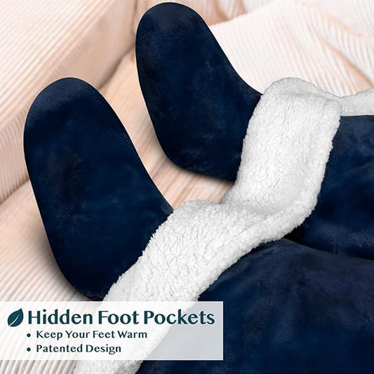 PAVILIA Sherpa Blanket with Sleeves, Foot Pocket for Women Men Adults, Thick Wearable Blanket Throw Wrap, Fleece Warm Snuggle Blanket Robe, Cozy Gift Ideas Wife Mom, Navy Blue