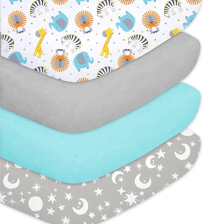 Bimocosy Crib Sheets 4 Pack, Baby Crib Sheets Fitted for Boys and Girls Breathable & Snug Fit, Soft Toddler Bed Sheets for Standard Crib Mattress Nursery Daycare Essentials, Starry Safari