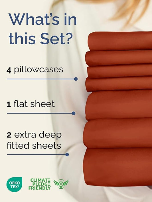 Extra Deep Split King Sheet Set - 7 Piece Breathable & Cooling Sheets - Hotel Luxury Bed Sheets Set - Easy Fit - Soft, Wrinkle Free & Comfy Sheets Set - Terracotta Sheet Set with Extra Deep Pockets
