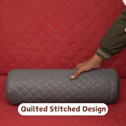 Neck Roll Pillow Cushion Cover, 14x5 Inch Full Moon Round Bolster Pillow Case, Cylinder Soft Lambskin Leather Pillowcase for Head, Spine & Neck Support During Sleep - Quilted Grey Pack of 1