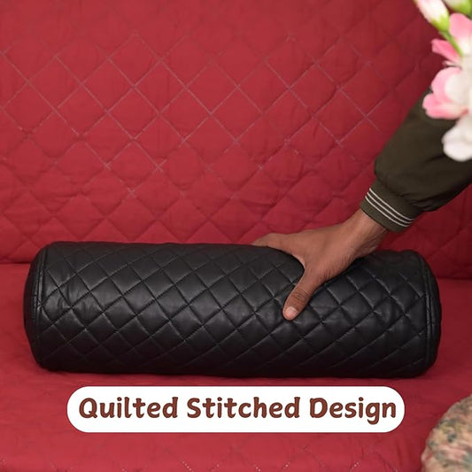 Neck Roll Pillow Cushion Cover, 16x6 Inch Full Moon Round Bolster Pillow Case, Cylinder Soft Lambskin Leather Pillowcase for Head, Spine & Neck Support During Sleep - Quilted Black Pack of 1