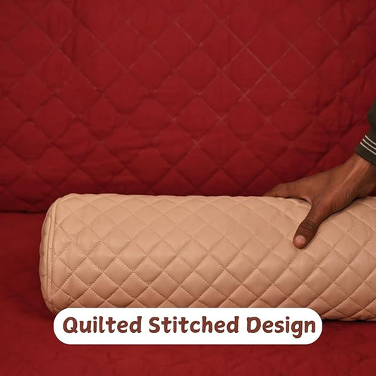 Neck Roll Pillow Cushion Cover, 24x5 Inch Full Moon Round Bolster Pillow Case, Cylinder Soft Lambskin Leather Pillowcase for Head, Spine & Neck Support During Sleep - Quilted Beige Pack of 2