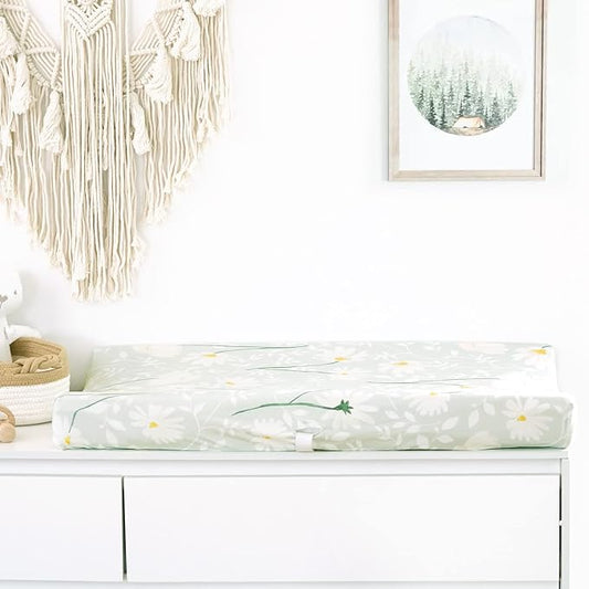 GRSSDER Stretch Ultra Soft Jersey Knit Changing Pad Cover Set 2 Pack, Change Table Pad Covers Fit 32"/34" x 16" Pads Safe and Snug, Pretty Watercolor Daisy Flowers for Baby Girls