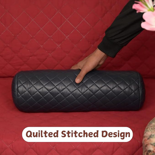 Neck Roll Pillow Cushion Cover, 14x6 Inch Full Moon Round Bolster Pillow Case, Cylinder Soft Lambskin Leather Pillowcase for Head, Spine & Neck Support During Sleep - Quilted Gun Metal Blue Pack of 1