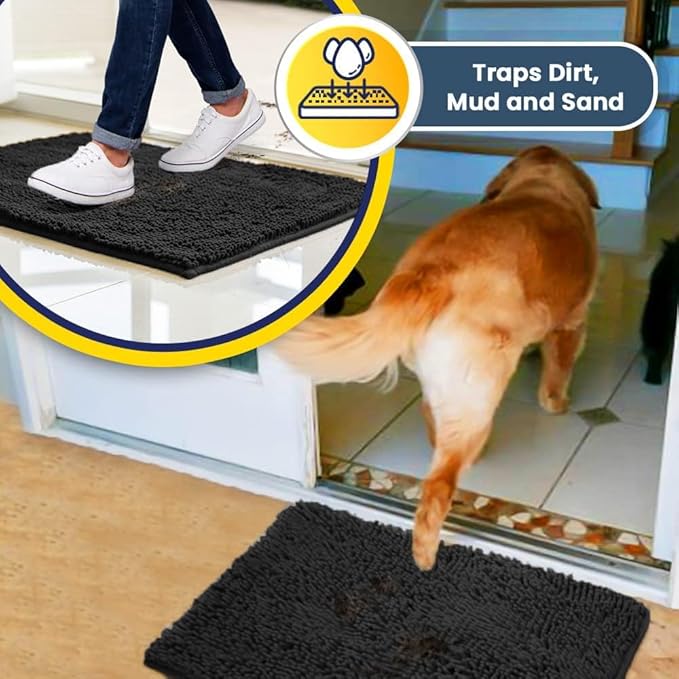 Muddy Mat® AS-SEEN-ON-TV Highly Absorbent Microfiber Door Mat and Pet Rug, Non Slip Thick Washable Area and Bath Mat Soft Chenille for Kitchen Bathroom Bedroom Indoor and Outdoor - Charcoal 24" x 96"