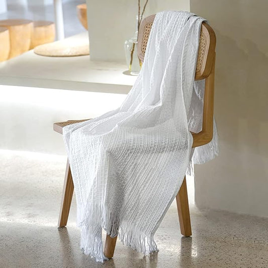 100% Cotton Waffle Blanket with Fringe, Pre-Washed Waffle Weave Blanket for All Season, Lightweight Breathable Soft Cozy Throw Blanket for Couch, Bed, Travel (White - 50x60 Inches)