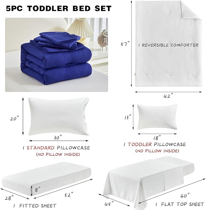 Toddler Bedding Set - 5 Piece Soft and Breathable Toddler Bed Set for Boys and Girls, Includes Quilted Comforter, Fitted Sheet, Flat Top Sheet, Standard Pillowcase and Toddler Pillowcase, White