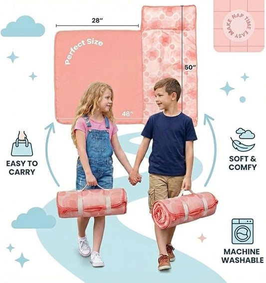 Toddler Nap Mat with Removable Pillow and Blanket (21" x 48") - Soft Sleep Mats for Kids, Daycare, Preschool, Travel - Machine Washable Roll Up Sleeping Bag - Nap Mat by Zunee