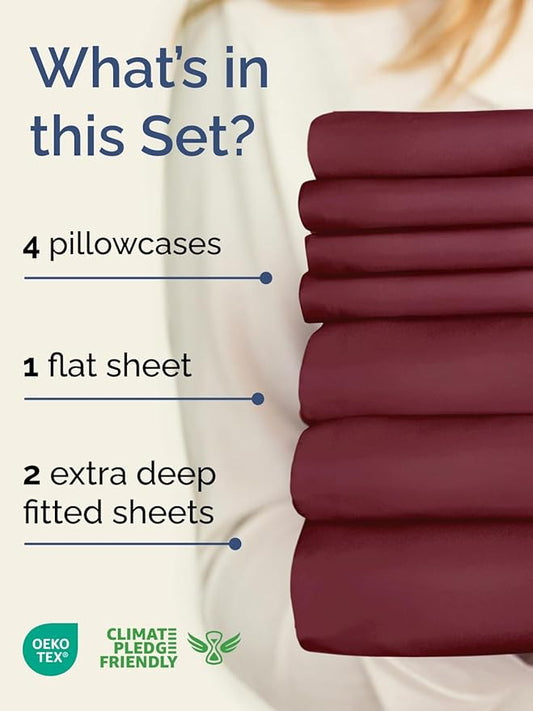 Extra Deep Split King Sheet Set - 7 Piece Breathable and Cooling Sheets - Hotel Luxury Bed Sheets Set - Easy Fit - Soft, Wrinkle Free and Comfy Sheets Set - Burgundy Sheet Set with Extra Deep Pockets