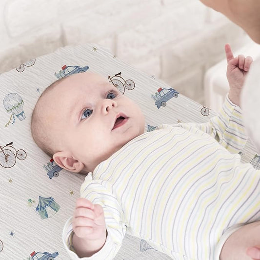 Muslin Bassinet Fitted Sheets, 2 Pack for Baby Boy and Girl, Soft Breathable Baby Pad/Mattress Sheet, Fit for Hourglass Oval and Rectangle Bassinet Mattress (Cute Cars)