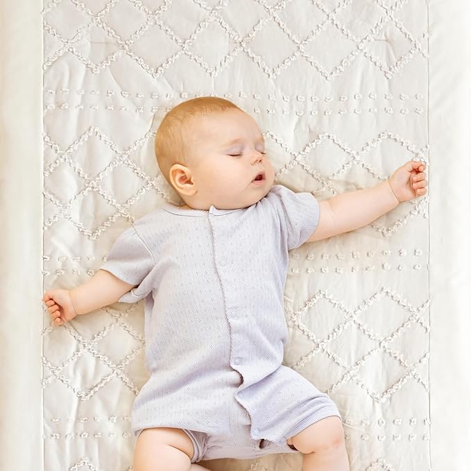 Wowelife Crib Bedding Set for Girls, 3 Pieces Baby Crib Bedding Set Newborn, Mini Tufted Jacquard Ruffle Fringe Boho, Infant & Nursery with Comforter, Crib Fitted Sheet and Crib Skirt, Beige