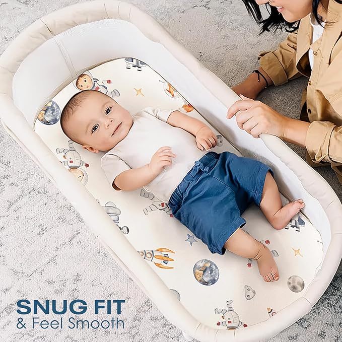 Stretchy Ultra Soft Fitted Bassinet Sheet Set 2 Pack, Universal Fit for Bassinets Baby Cradle Moses Basket Oval Rectangle Mattress Safe and Snug, Space Stylish Print