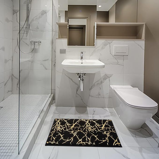 QJHOMO Marble Bathroom Rug Black and Gold Decor Bathroom Rugs Non Slip Bath Mat Super Absorbent Microfiber Plush Bathmat Machine Washable Floor Carpet for Tub, Shower, Bedroom 16"x24"