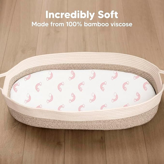 2-Pack Baby Bassinet Sheets Girl, Boy - 33x17 Viscose Derived from Bamboo Bedside Mattress Fitted Bassinet Sheets, Compatible with Halo Bassinest Swivel Sleeper, Baby Delight, Graco(Dreamland)