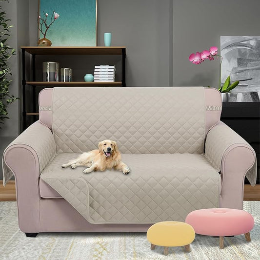 U-NICE HOME Loveseat Sofa Cover Reversible Couch Cover for Dogs with Elastic Straps Water Resistant Furniture Protector for Pets Couch Cover for 2 Cushion Couch (Loveseat, Beige/Beige)