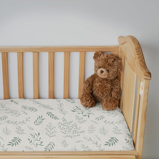 Muslin Mini Crib Sheets, 2 Pack for Baby Boy and Girl, Soft Breathable Stretchy Baby Pack N Play Mattress and Mini Cribs Sheet, Universal Fitted Portable/Mini Crib Mattresses (Bright Leaves)