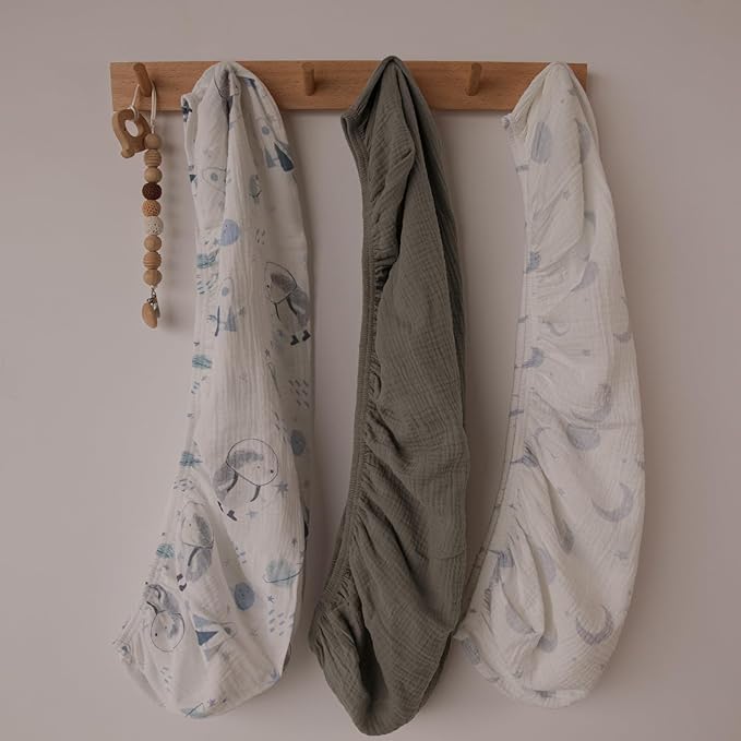 Gllquen Baby Muslin Bassinet Sheets 3 Pack, Breathable Elastic Cozy Fitted Cotton Bassinet Mattress Sheet for Baby Boy Girls, Fit for Hourglass Oval Rectangular Cradle Pad Sheets 33"x17" (Space)