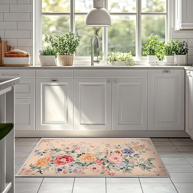 2x3 Floral Entryway Area Rug Beige Bathroom Rug Non Slip Machine Washable Low Pile Small Carpet Kitchen Bedroom Door Mat Entrance