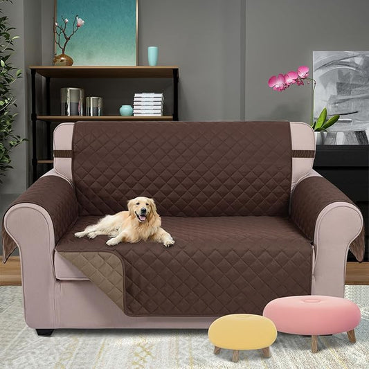 U-NICE HOME Loveseat Sofa Cover Reversible Couch Cover for Dogs with Elastic Straps Water Resistant Furniture Protector for Pets Couch Cover for 2 Cushion Couch (Loveseat, Chocolate/Taupe)