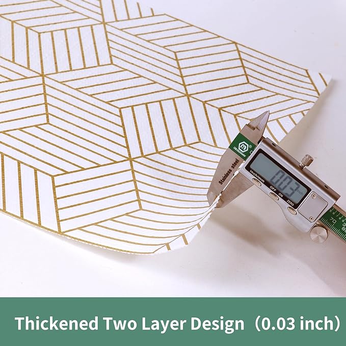 Shelf Liners for Kitchen Cabinets 12in x 30FT, Non Adhesive Cabinet Liner Strong Non-Slip Thickened Gold Geometric Drawer Liner, Easy to Clean for Shelf, Cabinet with Knife and Tape Measure