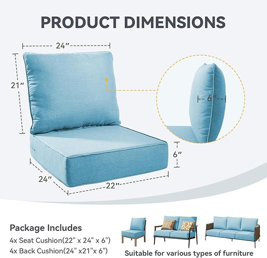 Outdoor Cushion Set for Furniture Patio Furniture, UV Resistant, Water Resistant - 6 Inch Thick Foam Garden Cushions– 22x24 Inch Patio Seat Covers for Chair/Sofa/Couch | Light Blue | 4-Pack |