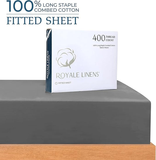 Royale Linens 400 Thread Count 100% American Grown Cotton Fitted Sheet Twin Size - All Around Elastic Fitted Sheet - Luxury Sateen Weave - Snug Fit Bottom Sheets Fit Up to 16" (Twin,Spanish Slate)