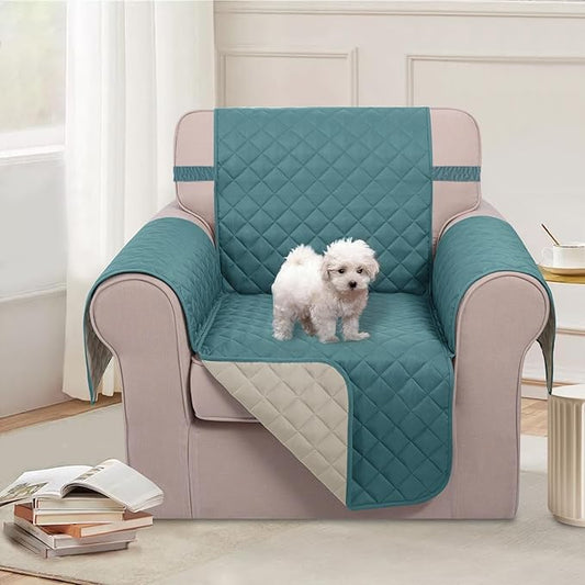 U-NICE HOME Recliner Chair Covers Reversible Chair Cover Pet Covers for Dogs with Elastic Straps Water Resistant Diamond Quilted (23''Recliner Small, Blue/Beige)
