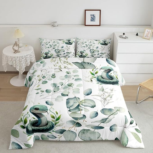 Erosebridal Cute Snake Full Size Comforter Set for Kids Child Green Eucalyptus Bedding Set, Wild Animal Down Comforter Botanical Plant Leaves Bed Set, Cartoon Wildlife Quilted Duvet