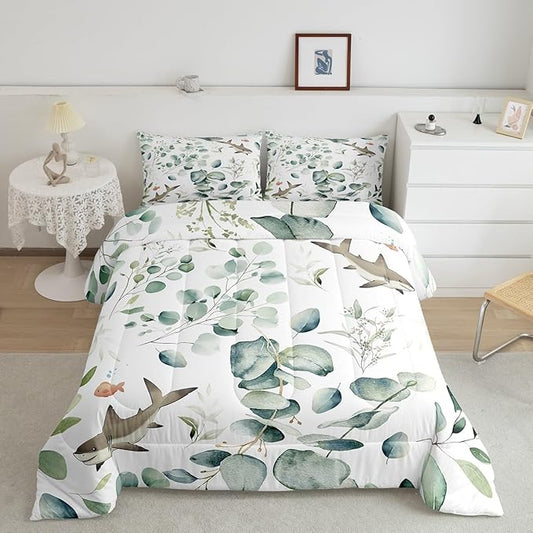 Erosebridal Girls Kawaii Animal Bedding Toddler Size Cute Shark Comforter Set, Cartoon Wildlife Duvet Insert Green Leaf Quilt Comforter, Spring Plant Bedding Comforters & Sets Child Kids Bedroom Decor