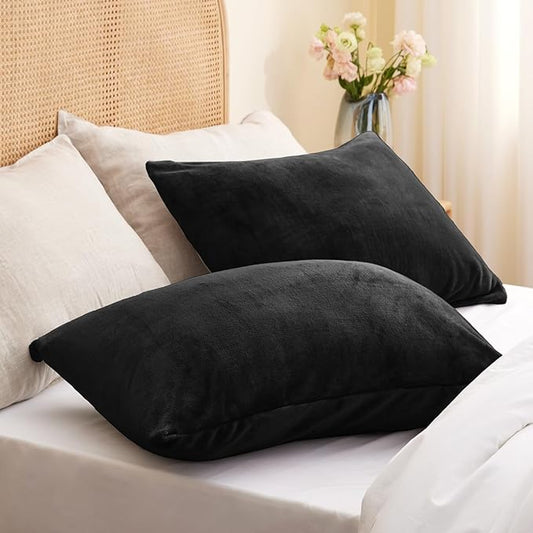 BEDELITE Flannel Pillow Cases Queen Size Set of 2, Super Soft Fleece Pillowcases with Zipper for Bedroom, Sofa, Couch,Luxury Cozy Fuzzy Velvet Pillow Shams for All Seasons(20x30 Inches,Black)