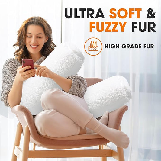 Cheer Collection Bolster Pillow. Set of 2 Shaggy Bolster Pillows, Decorative Cylinder Pillows for Bed & Couch, Round Neck Roll Pillow, Plush Tube Pillow for Lumbar, Head, Spine Support, White