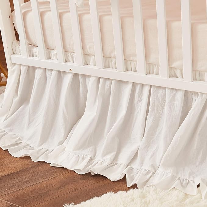 Brandream Boho Bohemian Girl Baby Nursery Crib Bed Skirt Dust Ruffle - Neutral Solid Color Beige Cream Off White Farmhouse Chic 100% Washed Cotton Ruffle